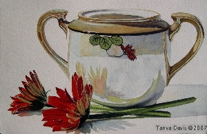 Red Daisies with Sugar Bowl